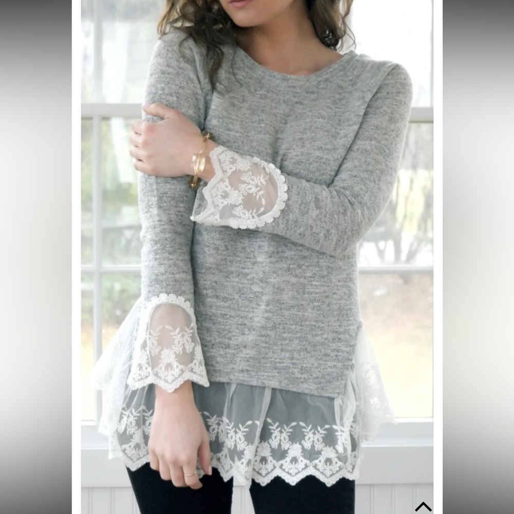 J.M & D.Z layered lace Heather grey long sleeve sweater tunic med - Picture 9 of 9